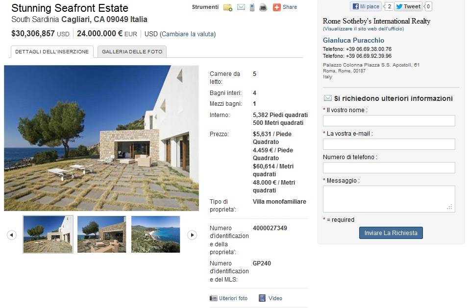 Soru "svende" la villa a Villasimius: chiesti 24 milioni di euro